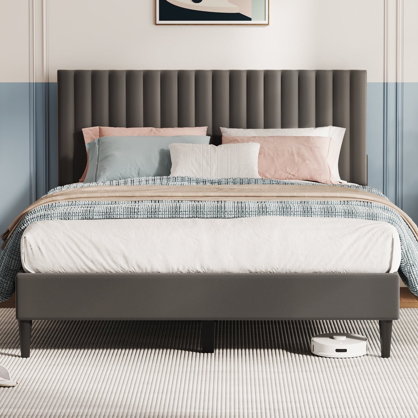 Sofanext Queen Platform Bed Frame with Velvet Upholstered Headboard, Wood Slat Support, No Box Spring, Noise-Free, Smoky Grey