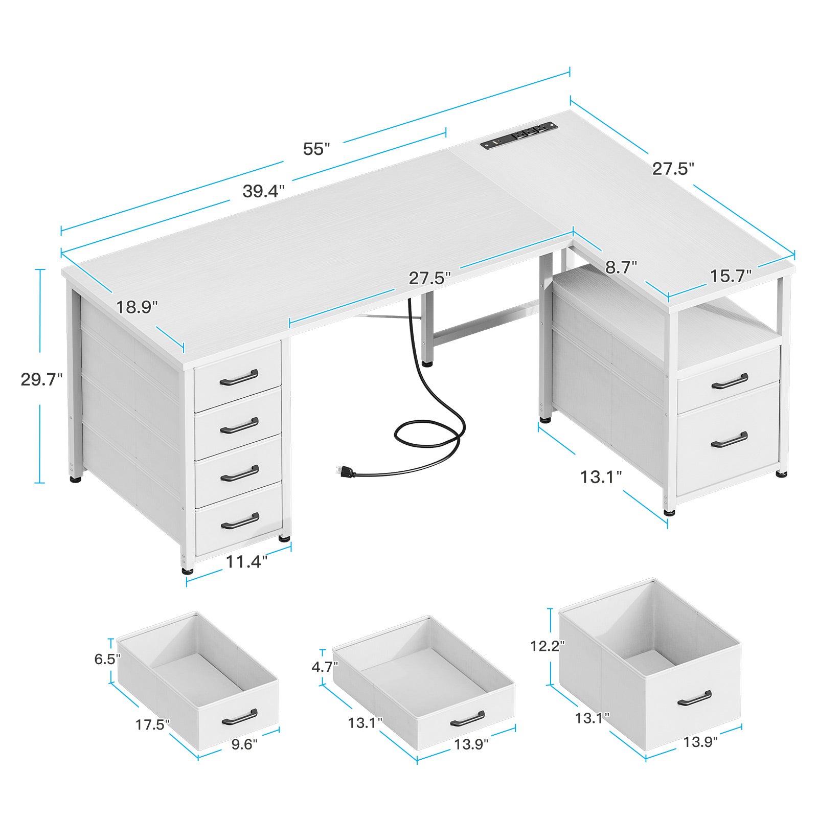 Sofanext 55 inch Computer Desk with 5 Drawers and File Cabinet for Storage, Office Desk with Storage Shelf & Power Outlets, Home Office Desks, White