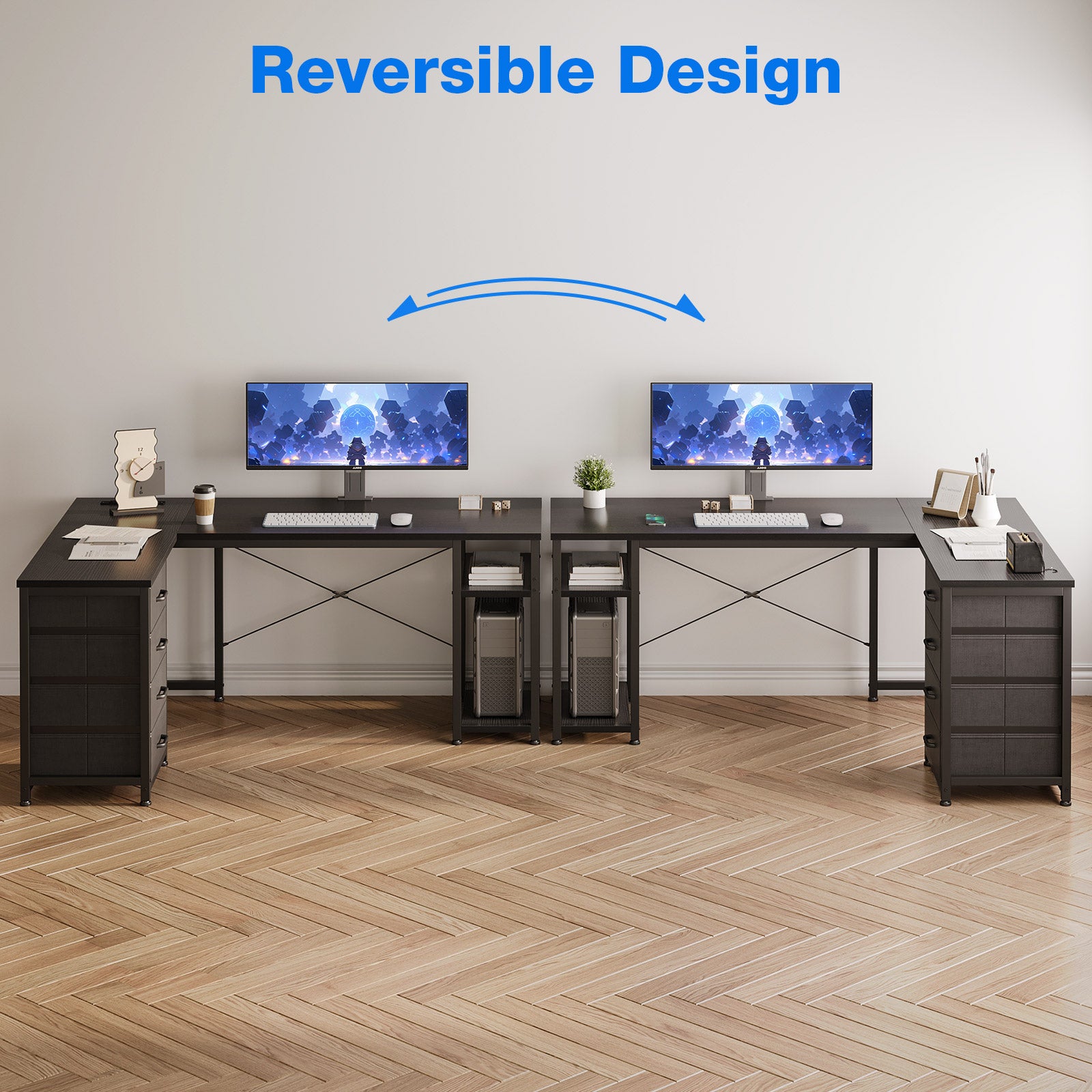 Sofanext Reversible Modern Simple Style L Shaped Desk with Charging Station and Drawers, Pure Black