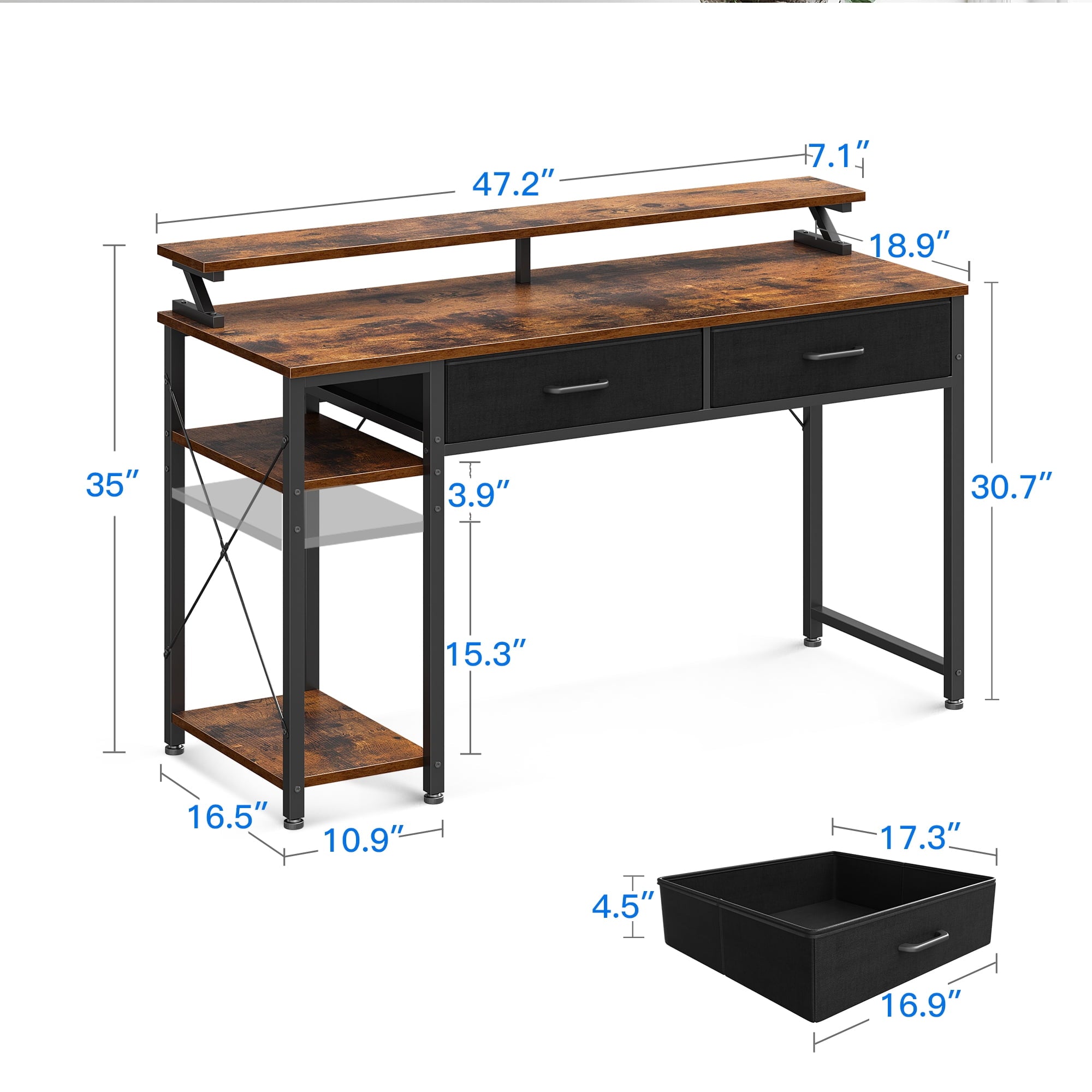 Computer Desk with Drawers and Storage Shelves, 48 inch Home Office Desk with Monitor Stand, Work Study PC Desk for Small Spaces, Rustic Brown
