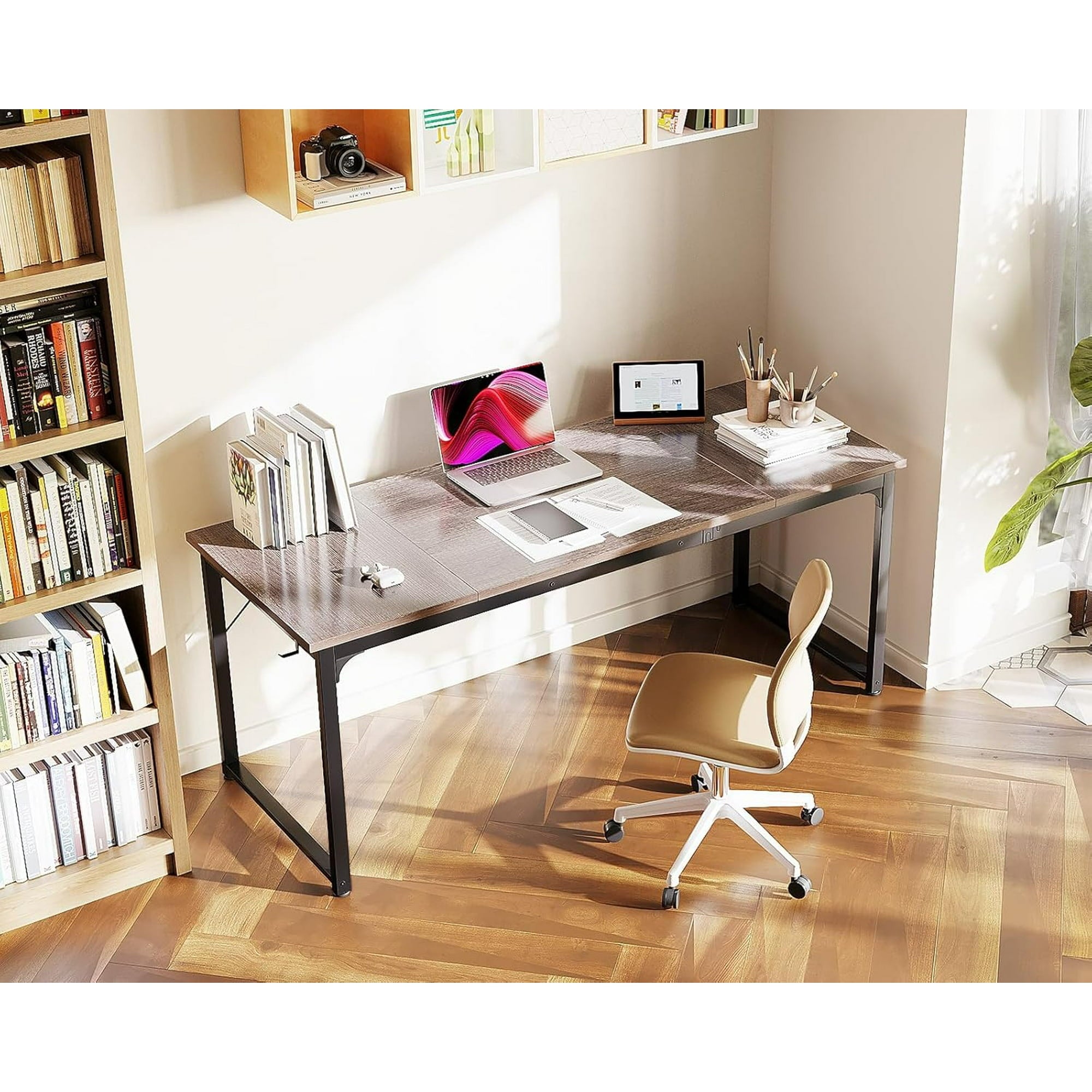 Sofanext Computer Desk 63 Inch, Study Writing Table for Large Spaces, Work Desk for Home Office, Simple Modern Desk with Headphone Hooks, Grey Oak