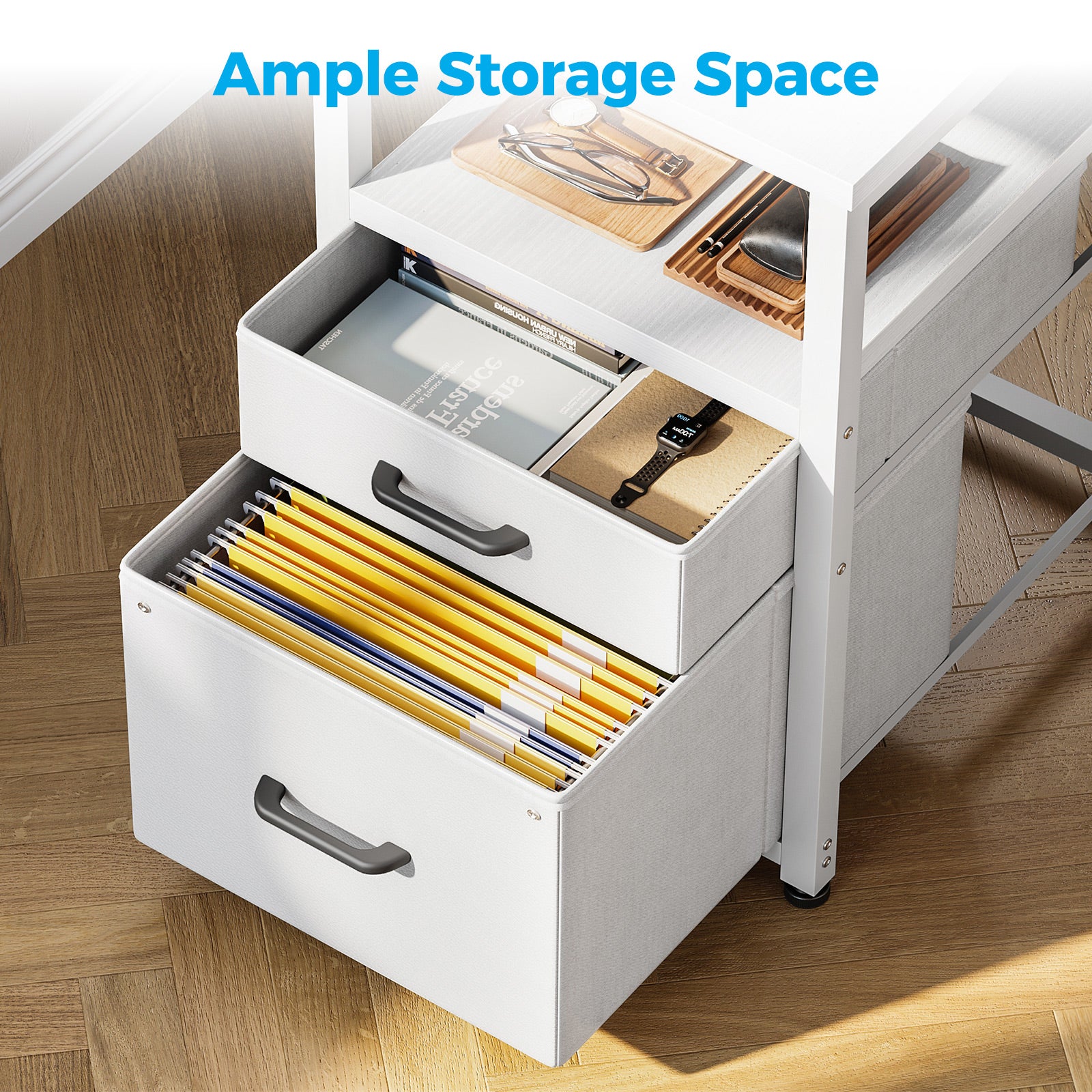 Sofanext 55 inch Computer Desk with 5 Drawers and File Cabinet for Storage, Office Desk with Storage Shelf & Power Outlets, Home Office Desks, White