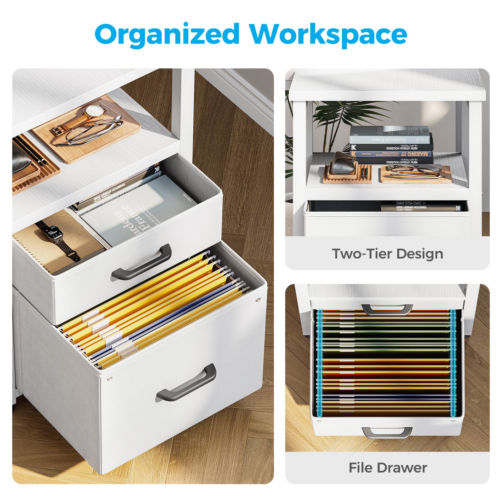 Sofanext 55 inch Computer Desk with 5 Drawers and File Cabinet for Storage, Office Desk with Storage Shelf & Power Outlets, Home Office Desks, White