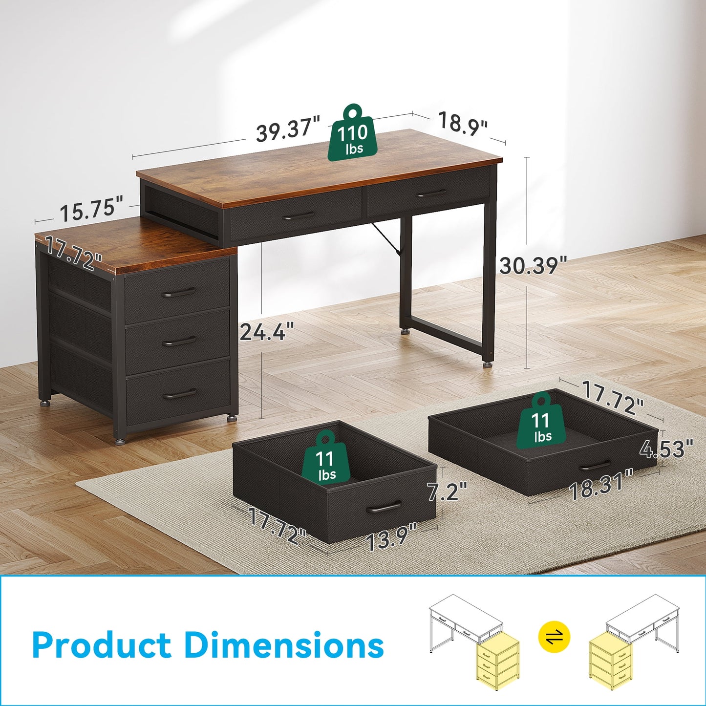 Sofanext Computer Desk with 5 Drawers, Reversible Home Office Desks with Printer Stand, Study Writing Table Workstation for Small Spaces, Vintage