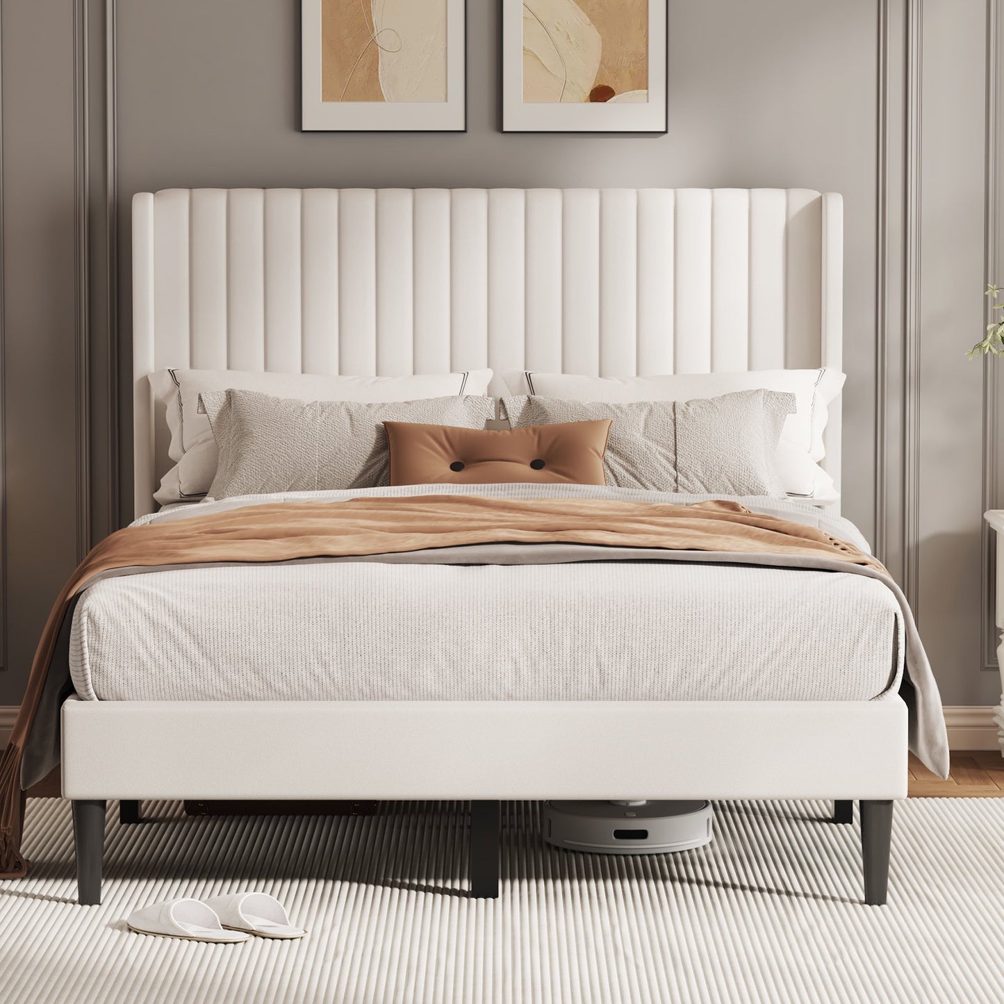 Sofanext Queen Wingback Platform Bed Frame with Tall Velvet Upholstered Headboard, Wood Slat Support, No Box Spring, Noise-Free, Cream White