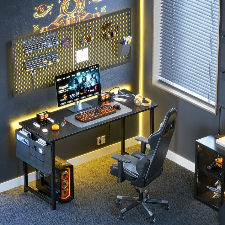Sofanext 55 inch Computer Desk, Large Home Office Desk with Power Outlet, Student Desk with Storage Bag & Headphone Hook, Black