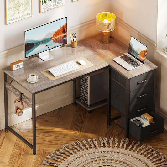 40 inch Computer Desk with 4 Fabric Drawers — Home Office Desks with Storage, Writing Desk with Side Hook, Kids Desk Study/Work Table for Bedroom and Small Space, Oak Grey