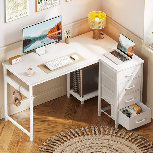 40 inch Computer Desk with 4 Fabric Drawers — Home Office Desks with Storage, Writing Desk with Side Hook, Kids Desk Study/Work Table for Bedroom and Small Space, White