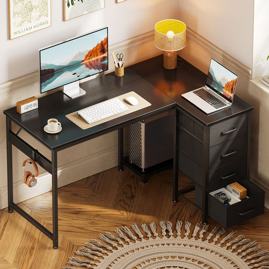 40 inch Computer Desk with 4 Fabric Drawers — Home Office Desks with Storage, Writing Desk with Side Hook, Kids Desk Study/Work Table for Bedroom and Small Space, Black