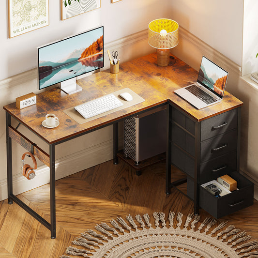 40 inch Computer Desk with 4 Fabric Drawers — Home Office Desks with Storage, Writing Desk with Side Hook, Kids Desk Study/Work Table for Bedroom and Small Space, Vintage