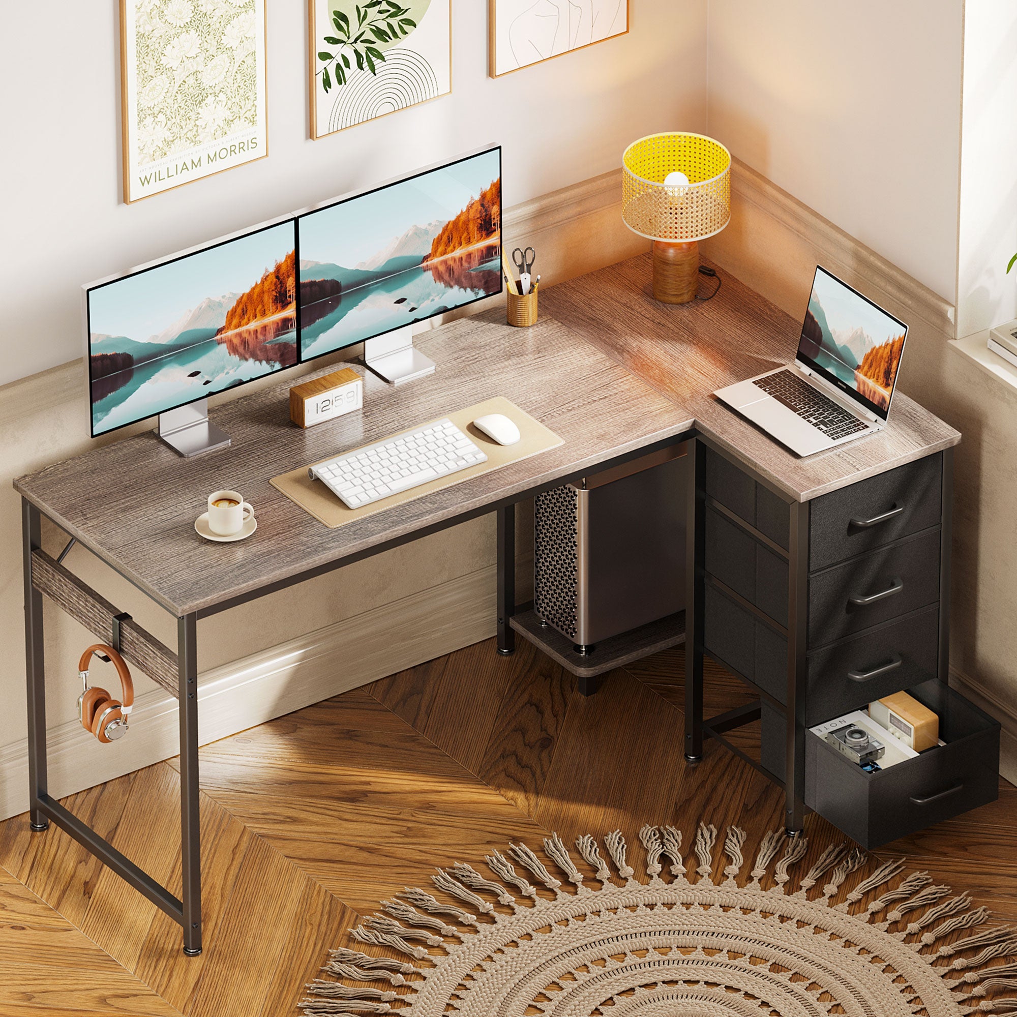 48 inch Computer Desk with 4 Fabric Drawers — Home Office Desks with Storage, Writing Desk with Side Hook, Kids Desk Study/Work Table for Bedroom and Small Space, Oak Grey