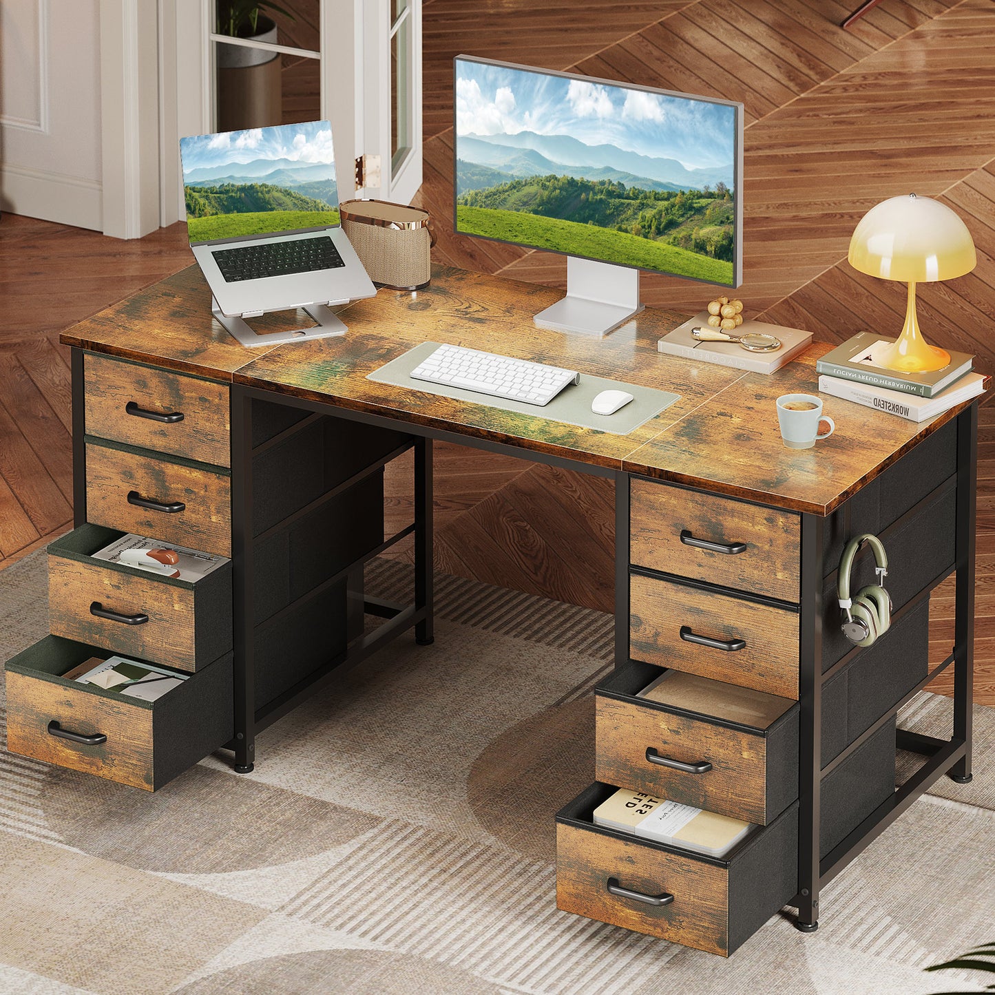 Vintage Computer Desk with Drawers for Storage - 48 inch Home Office Desk with 8 Fabric Drawers, Writing Study Desk with Drawers on Both Sides for Bedroom