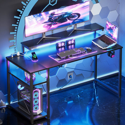 47-Inch Gaming Desk with LED Light & Power Outlets, Home Office Desk with Storage Shelf, Computer Desk with Monitor Stand, Black