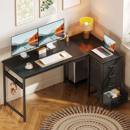 48 inch Computer Desk with 4 Fabric Drawers — Home Office Desks with Storage, Writing Desk with Side Hook, Kids Desk Study/Work Table for Bedroom and Small Space, Black