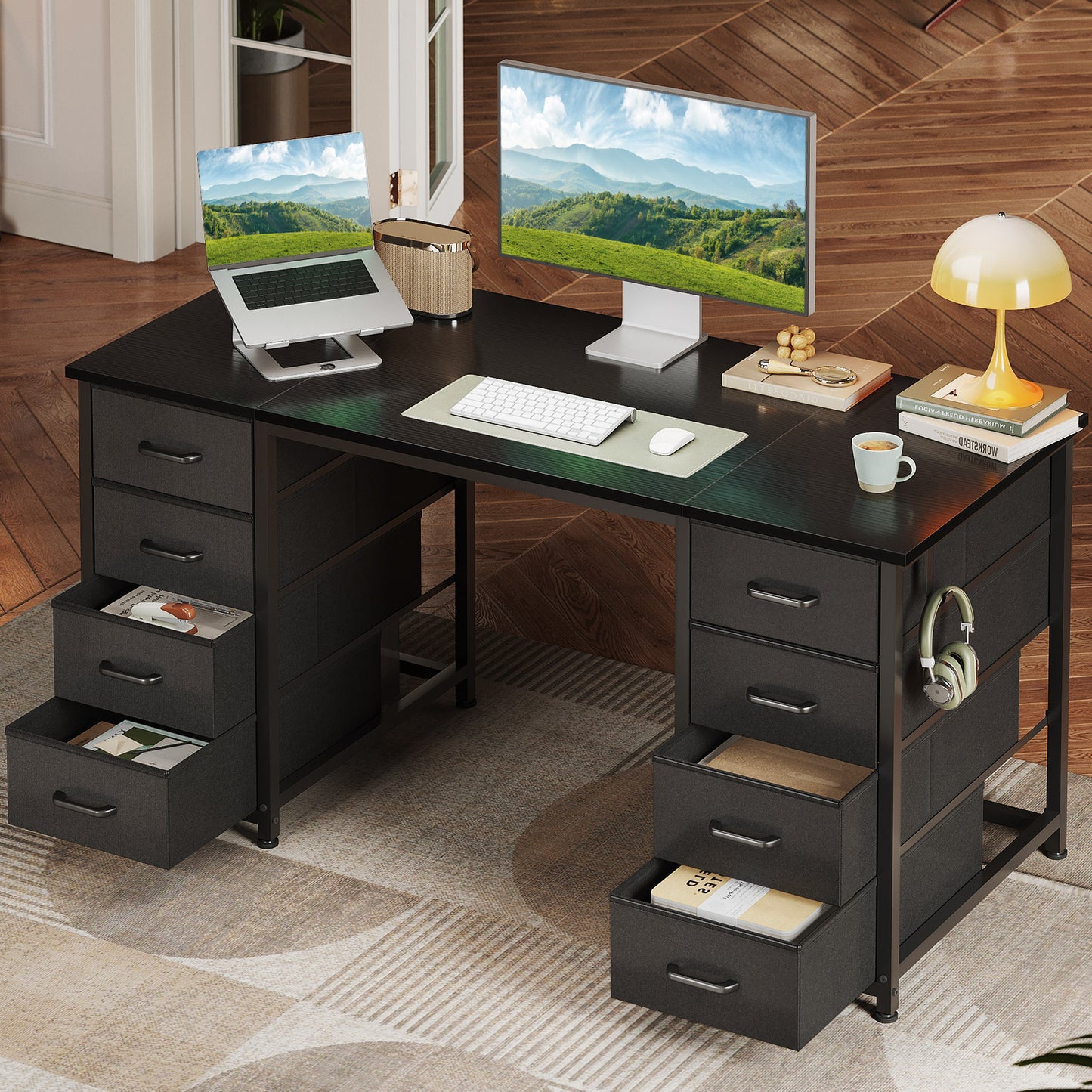 Black Computer Desk with Drawers for Storage - 48 inch Home Office Desk with 8 Fabric Drawers, Writing Study Desk with Drawers on Both Sides for Bedroom
