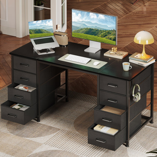 Black Computer Desk with Drawers for Storage - 48 inch Home Office Desk with 8 Fabric Drawers, Writing Study Desk with Drawers on Both Sides for Bedroom