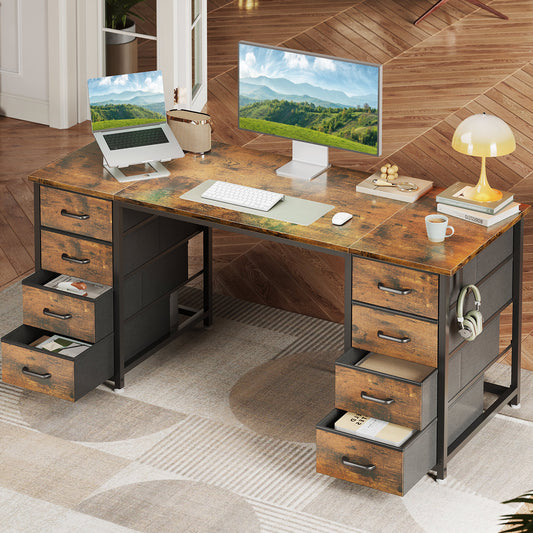 Vintage Computer Desk with Drawers for Storage - 55 inch Home Office Desk with 8 Fabric Drawers, Writing Study Desk with Drawers on Both Sides for Bedroom