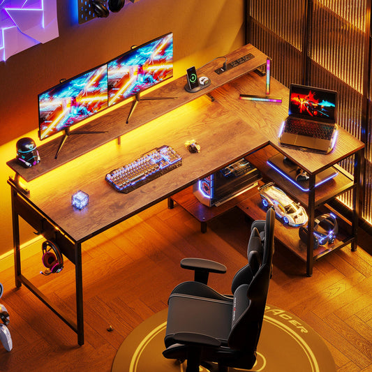 58 inch Reversible L Shaped Gaming Desk with LED Lights & Power Outlet, Corner Computer Desk with Storage Shelves & CPU Stand, Home Office Desk with Monitor Shelf, Modern Writing Table, Vintage