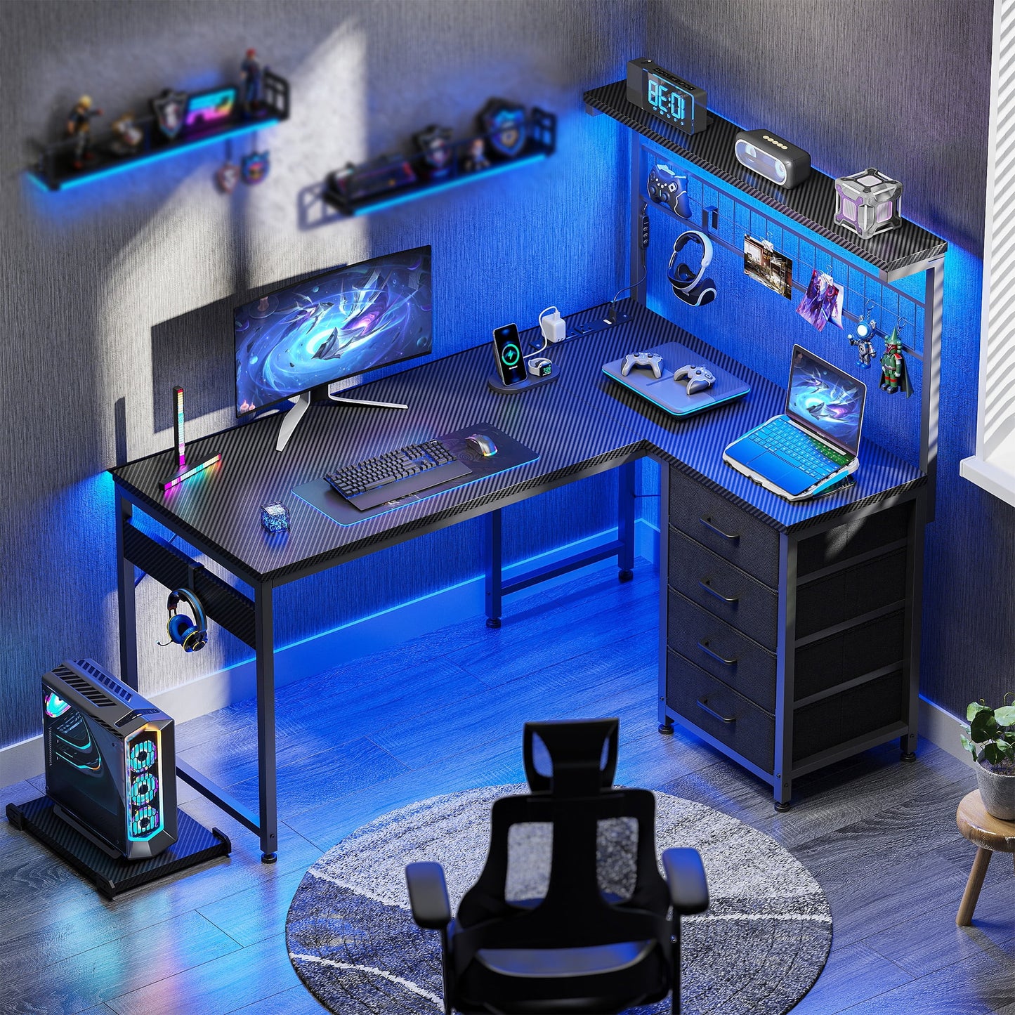 Sofanext 43 inch L Shaped Desk with 4 Storage Drawers, Reversible L Shaped Gaming Desk with Power Outlets & LED Lights, Computer Desk with Movable CPU Stand & Hutch for Home Office, Black