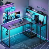 45" Gaming Desk with Hutch, Reversible L-Shaped Desk with LED Light, USB Ports & Power Outlets, Home Office Desk with CPU Stand, Carbon Fiber Black