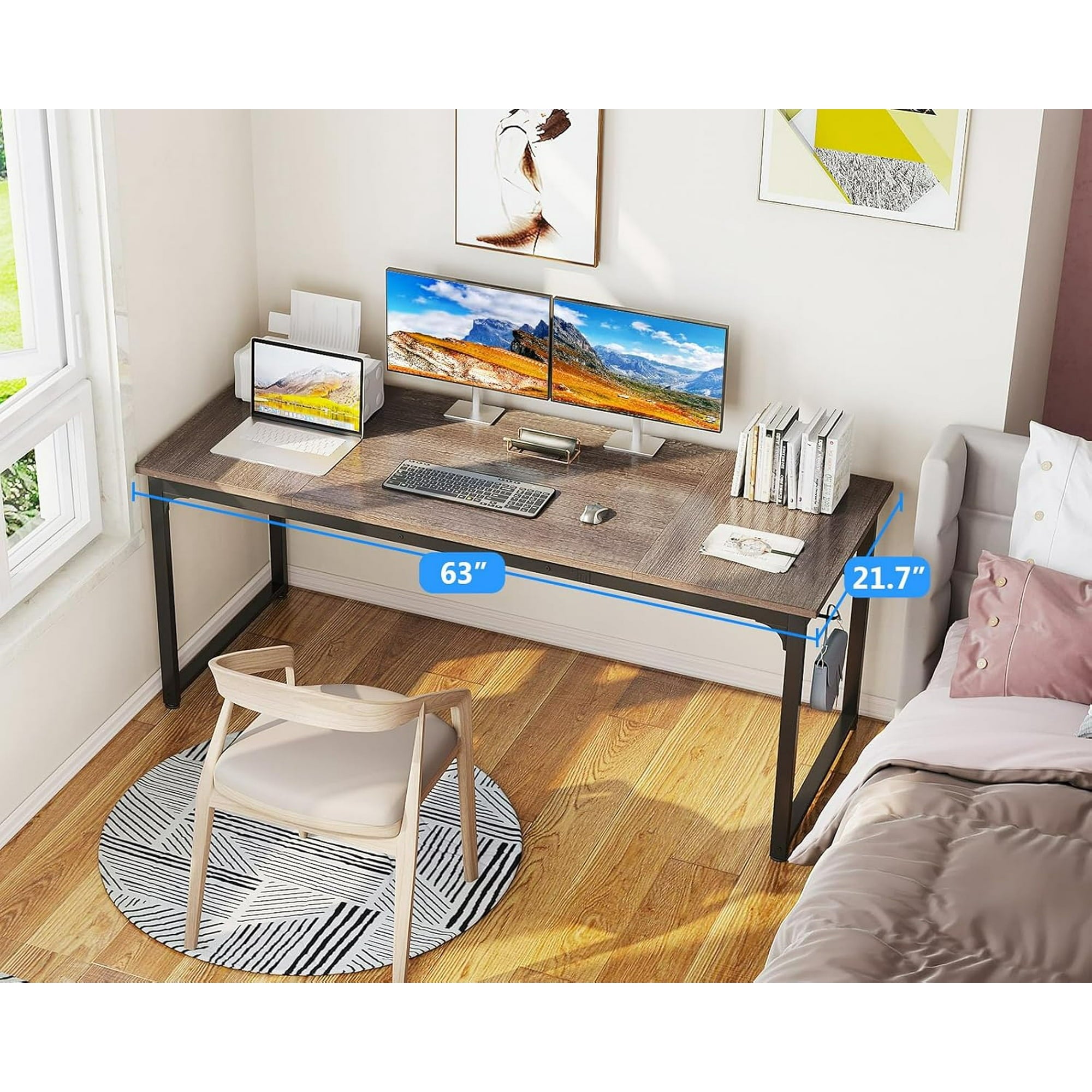 Sofanext Computer Desk 63 Inch, Study Writing Table for Large Spaces, Work Desk for Home Office, Simple Modern Desk with Headphone Hooks, Grey Oak