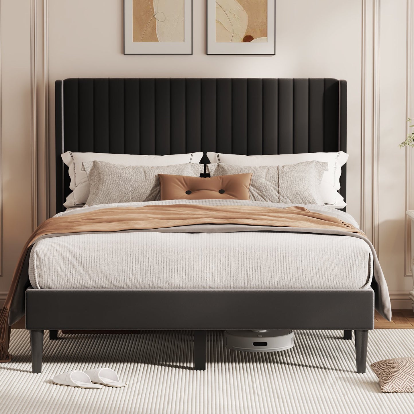 Sofanext Queen Wingback Platform Bed Frame with Tall Velvet Upholstered Headboard, Wood Slat Support, No Box Spring, Noise-Free, Deep Black