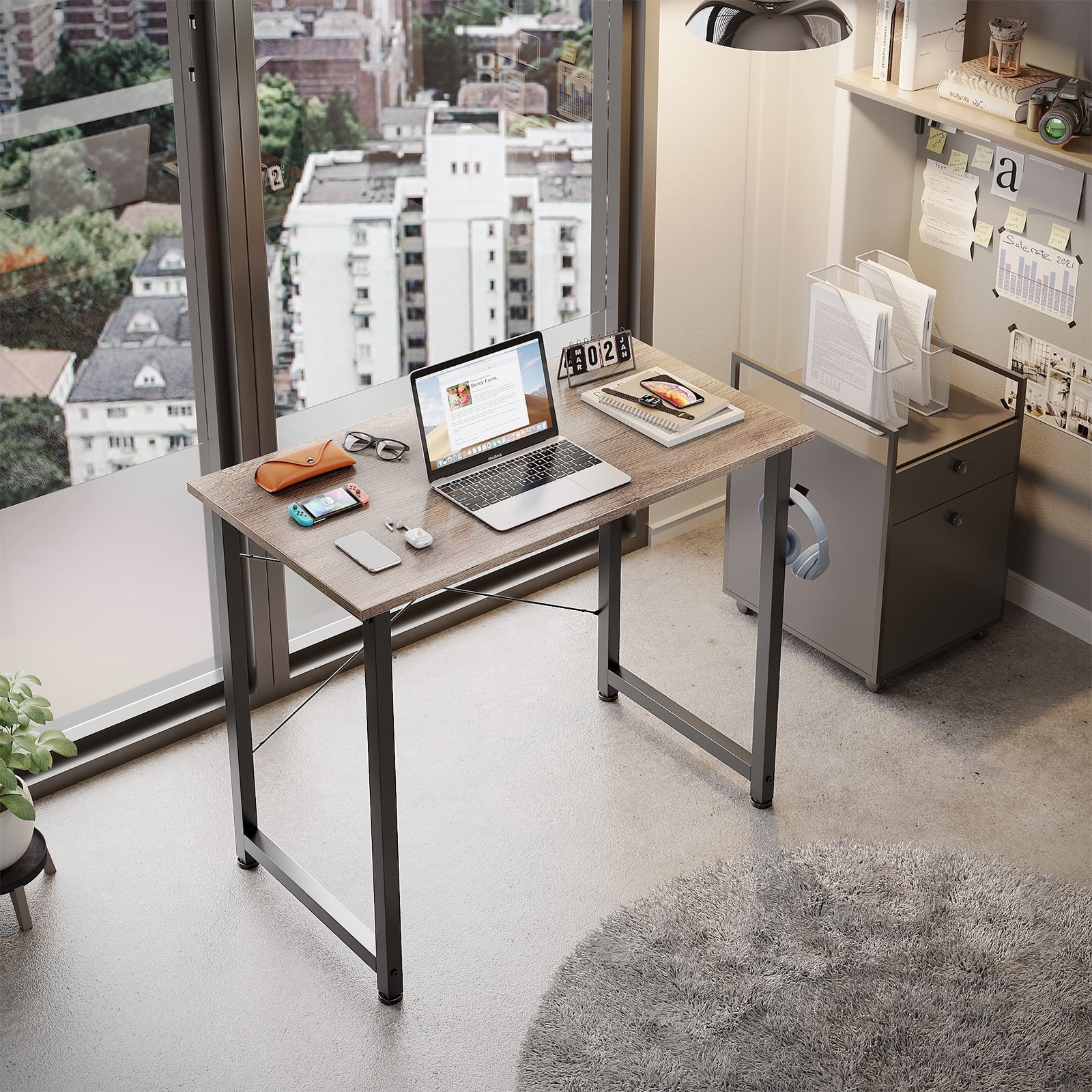 32 inch Small Computer Desk for Small Space, Modern Simple Style Desk for Living Room/Beroom/Home Office, Sturdy Student Writing Desk, Grey Oak