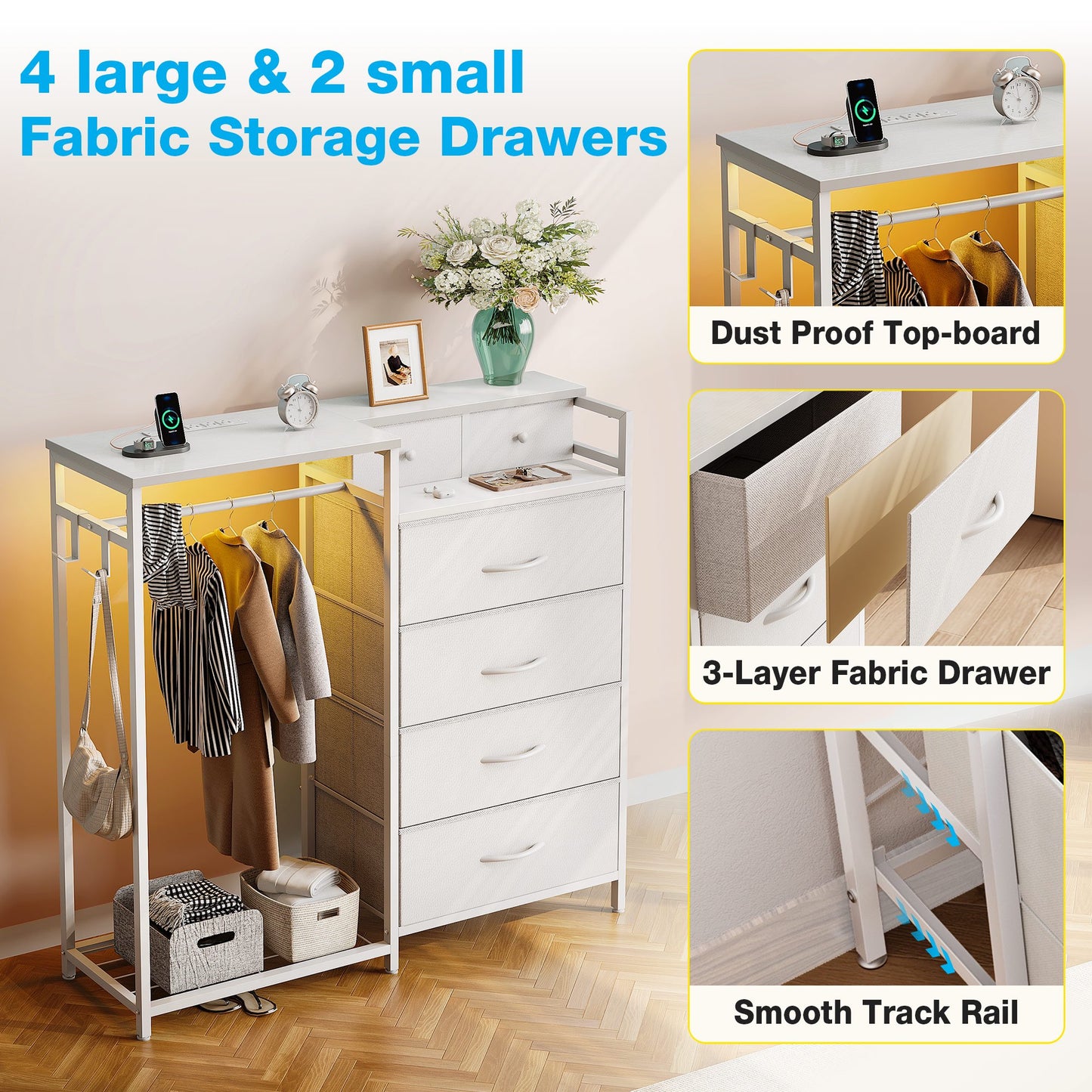 Dresser for Bedroom with Clothes Rack, 6 Drawers Dresser with Charging Station & LED Lights, White Storage Chest of Shelf for Bedroom, White