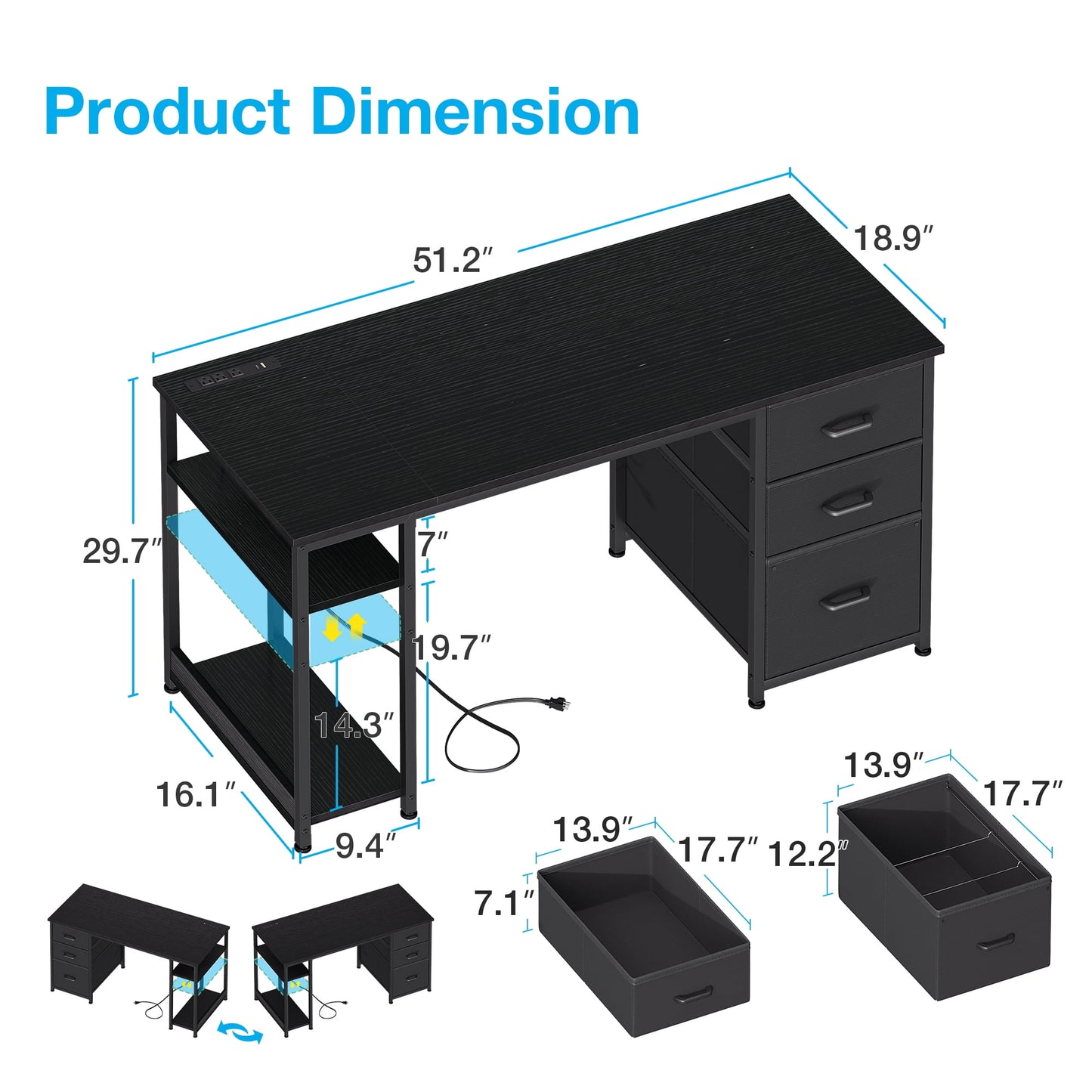 51 Inch Computer Desk with File Drawers & USB Power Outlets- Reversible Home Office Desk with Storage Shelves, Work from Home, Writing Table for Bedroom, Black