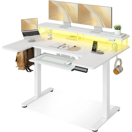 U Shaped Electric Standing Desk with Keyboard Tray, 48 Inch Height Adjustable Desk with Power Outlets & LED Lights, Writing Computer Desk with Monitor Stand for Home Office, White