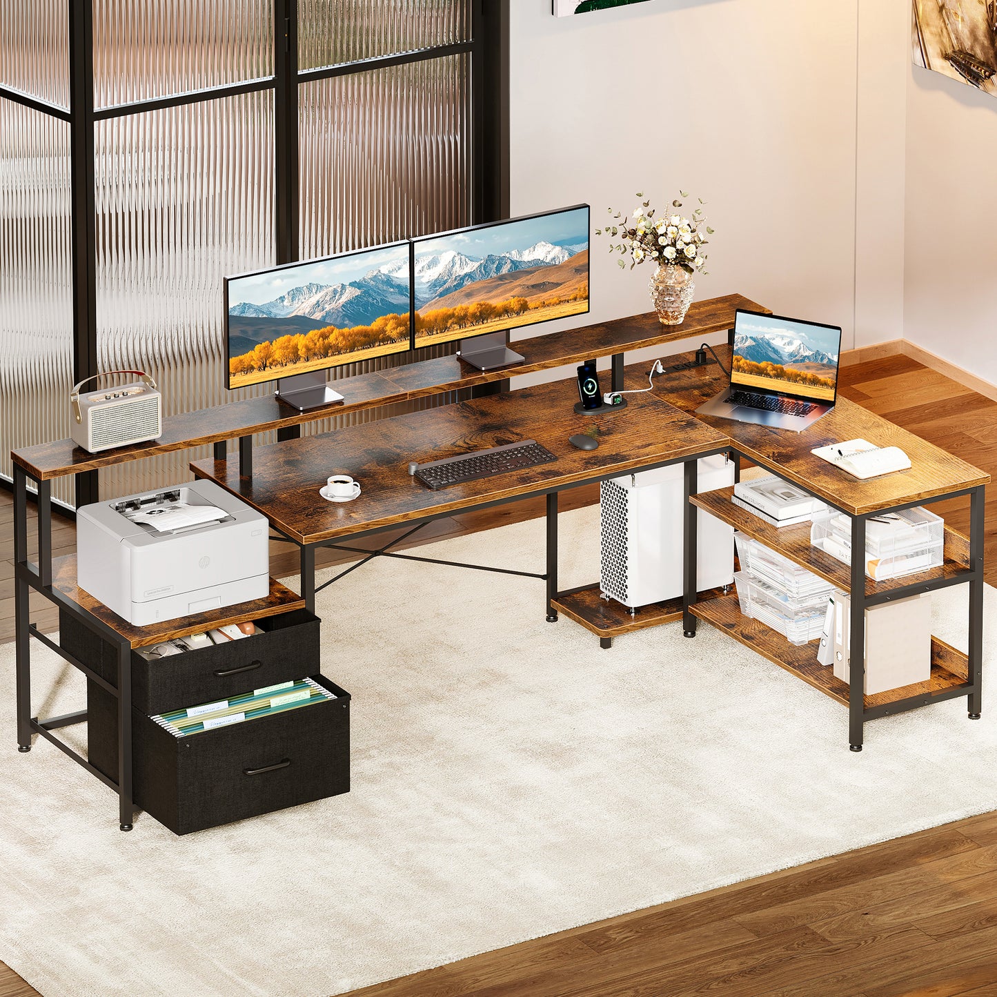 Sofanext 75 inch L Shaped Desk with Power Outlets,Large Computer Desk with File Drawer,Home Office Desk with Printer Stand & Storage Shelves,Gaming Desk with Monitor Shelf,Corner Desk,Vintage