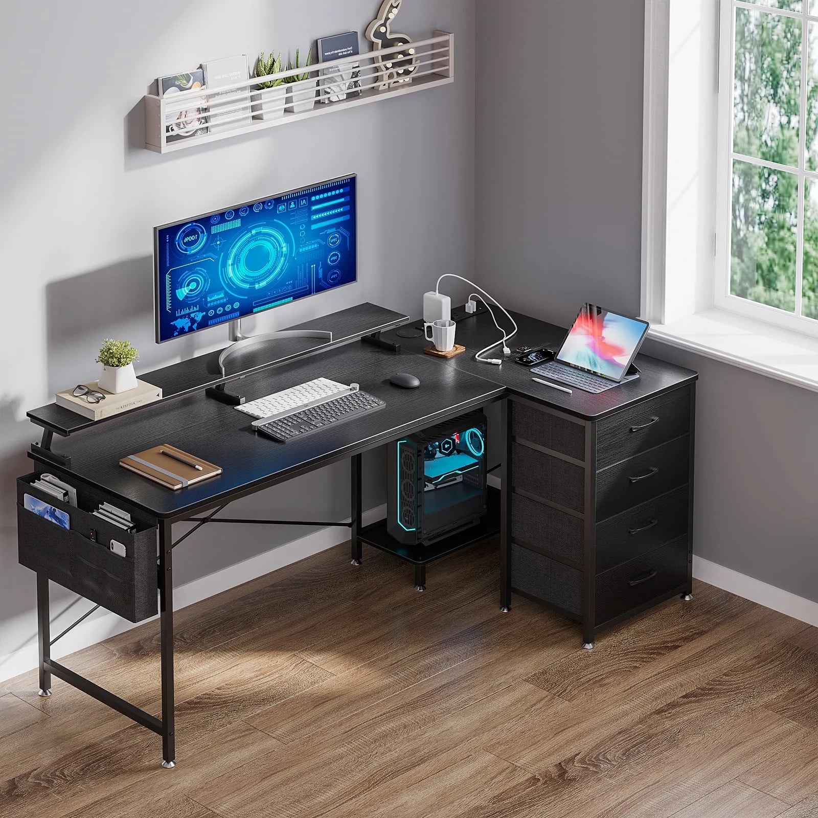 63 inch Corner Computer Desk with Power Outlets & LED Lights, Home Office Desk with 4-Tier Drawer & Storage Shelf, Ergonomic Gaming Desk with Monitor Stand, Black
