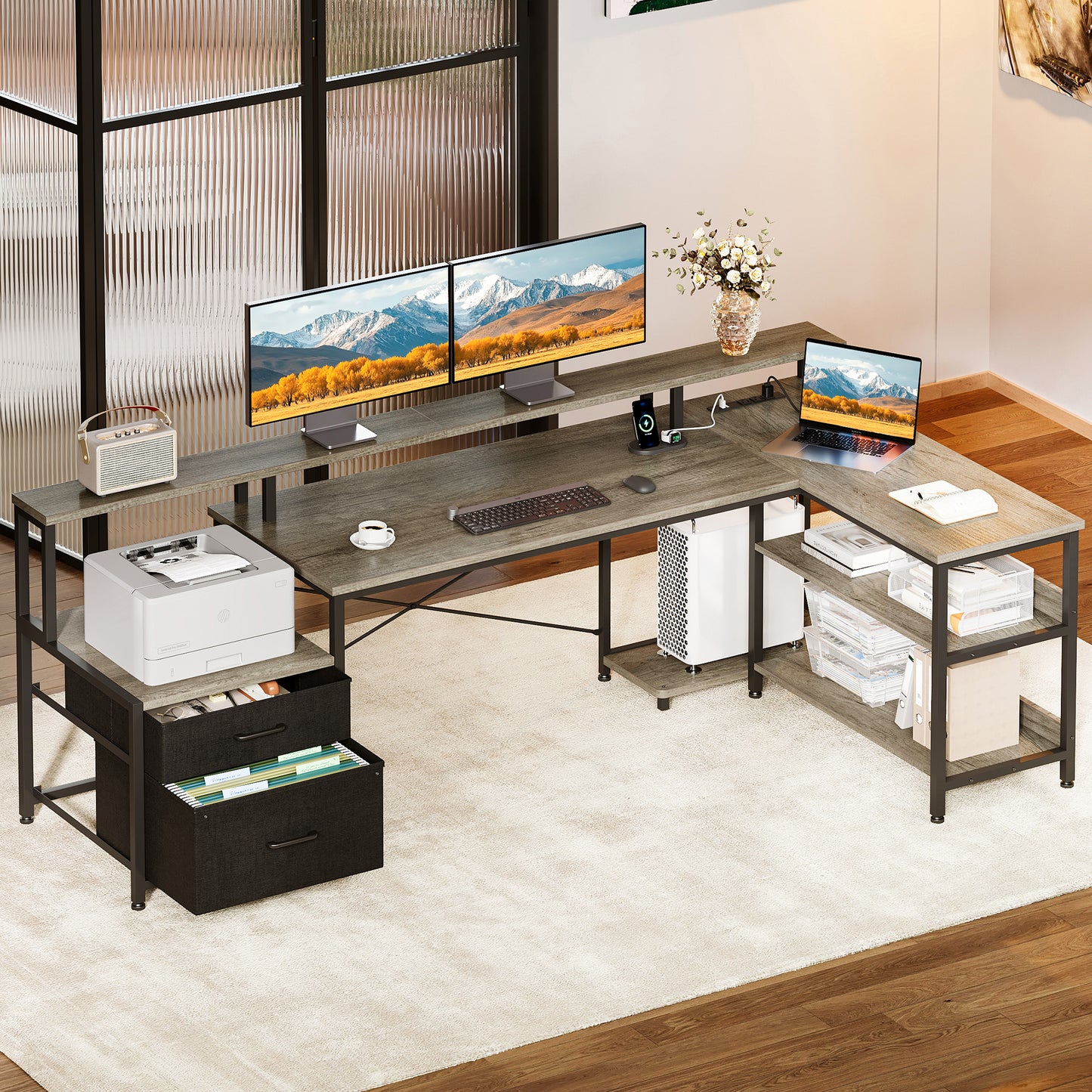 Sofanext 75 inch L Shaped Desk with Power Outlets,Large Computer Desk with File Drawer,Home Office Desk with Printer Stand & Storage Shelves,Gaming Desk with Monitor Shelf,Corner Desk,Grey Oak