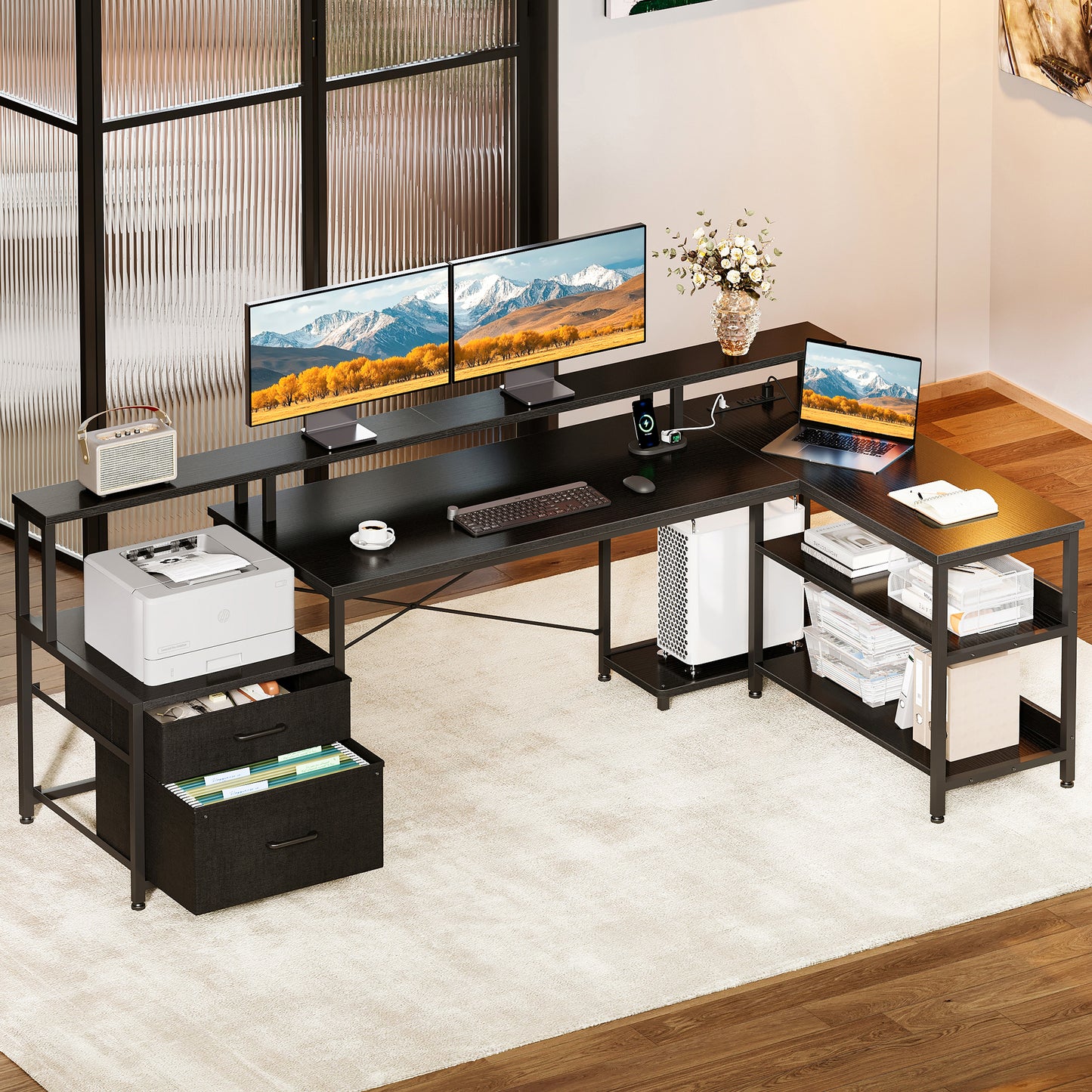 Sofanext 75 inch L Shaped Desk with Power Outlets,Large Computer Desk with File Drawer,Home Office Desk with Printer Stand & Storage Shelves,Gaming Desk with Monitor Shelf,Corner Desk,Black