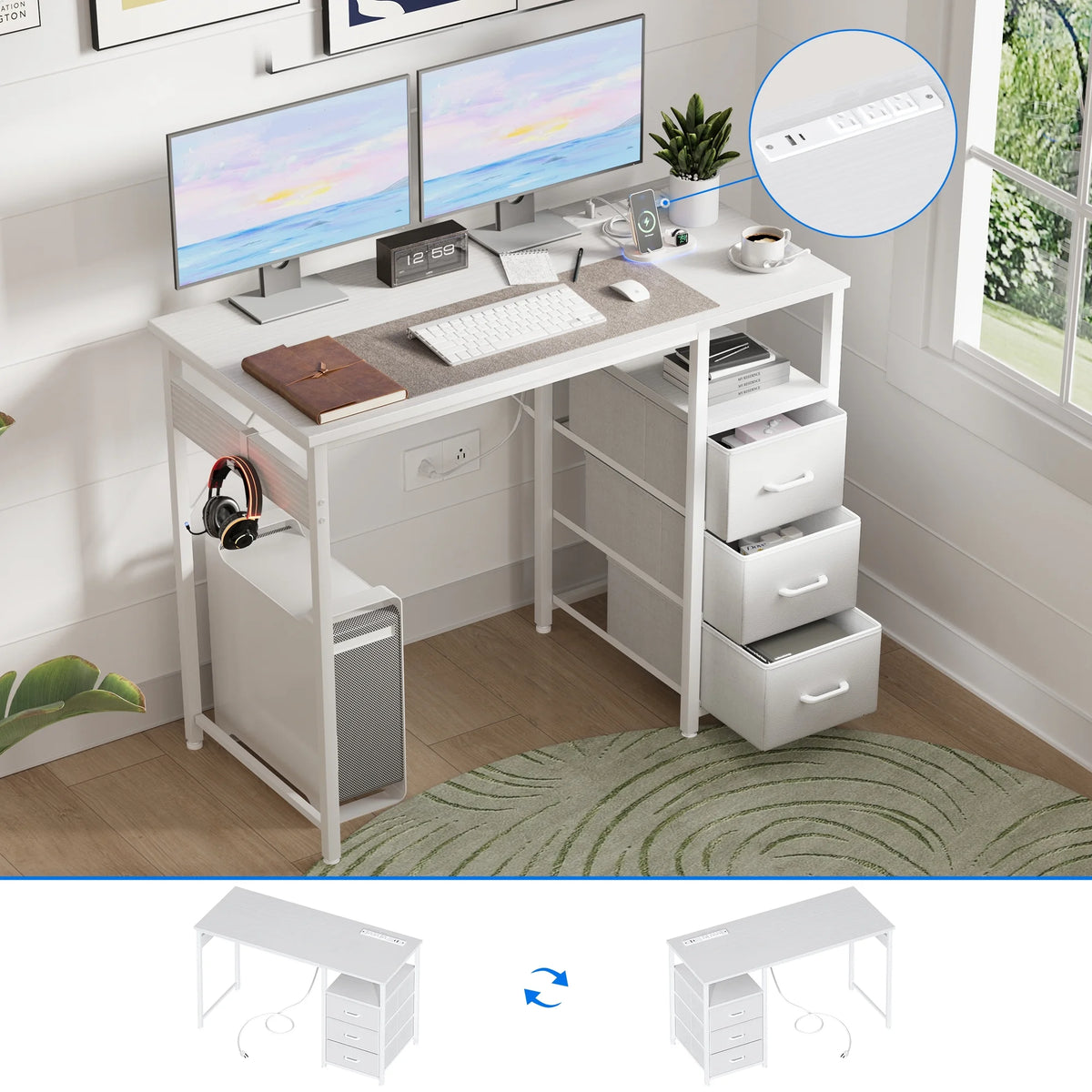 Computer Desk 40 40 inch Computer Desk with Power Outlets, Home Office Desk with 3 Draw ...