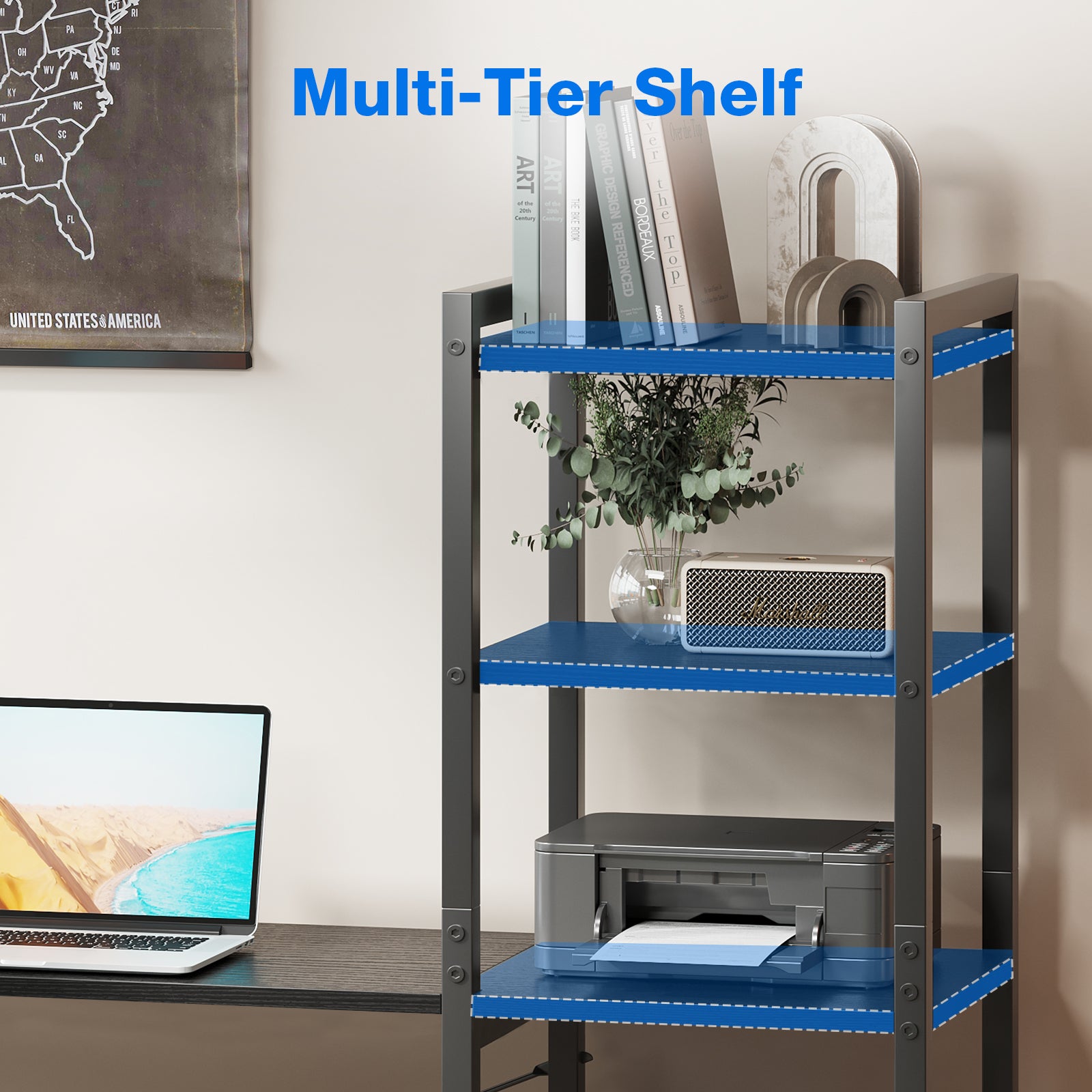 53 inch Reversible L Shaped Corner Desk with Power Outlets & Bookshelf for Home Office, Modern Gaming Desk with LED Lights for Bedroom, Black
