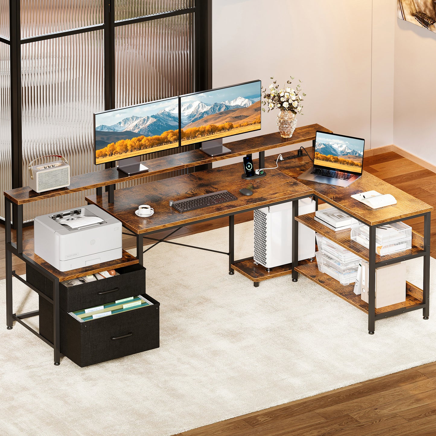 Sofanext 68 inch L Shaped Desk with Power Outlets,Large Computer Desk with File Drawer,Home Office Desk with Printer Stand & Storage Shelves,Gaming Desk with Monitor Shelf,Corner Desk,Vintage