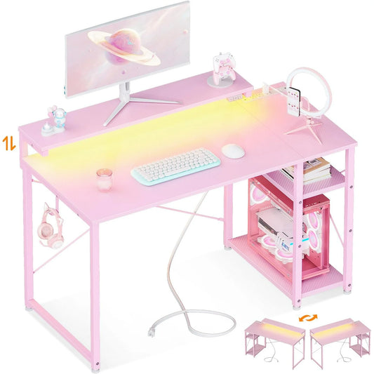 Gaming Desk with Led Lights & Power Outlet, 40 Inch Small Computer Desk with Storage Shelves, Reversible Gamer Desk with Height Adjustable Monitor Stand & Headphone Hook, Pink