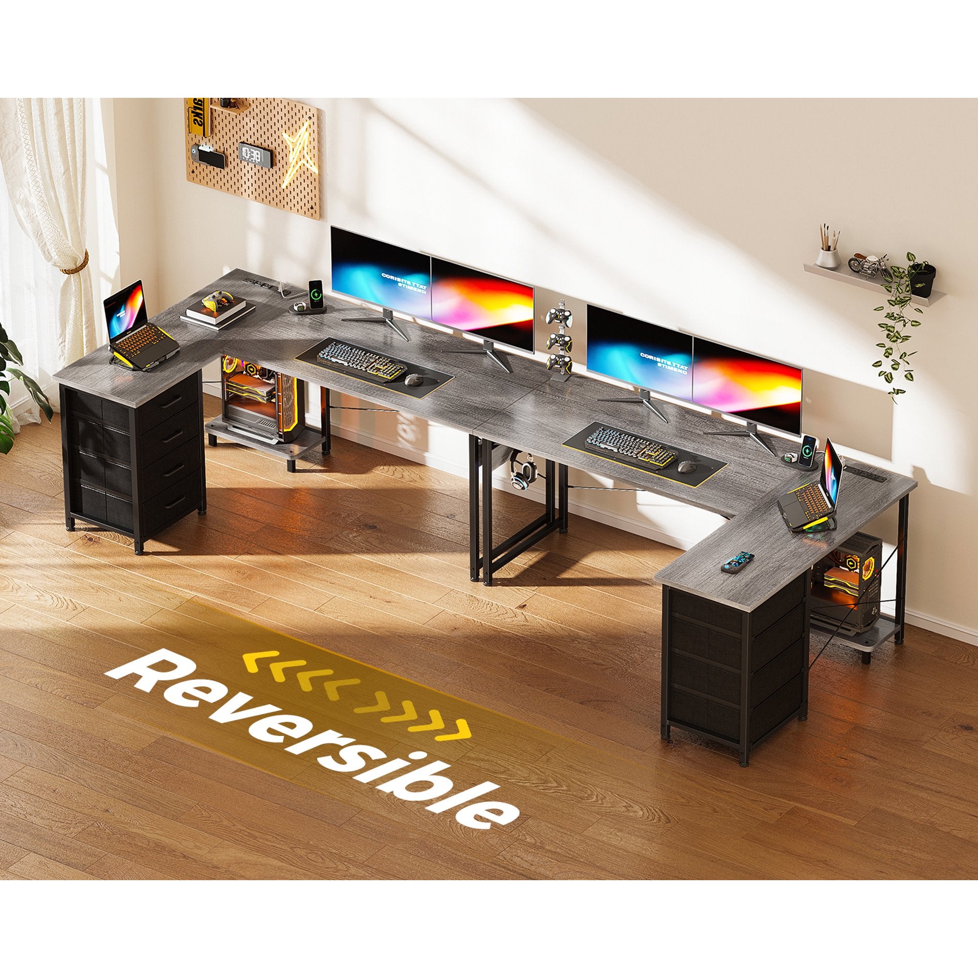 Sofanext Reversible Modern Simple Style L Shaped Desk with Charging Station and Drawers, Gray Oak