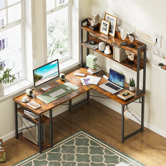 Sofanext 59" Reversible L-Shaped Gaming Desk with Hutch, Corner Computer Table with Storage Shelves for Home Office, Vintage