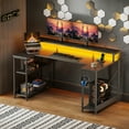 48 inch U Shaped Gaming Desk with Power Outlets & LED Light Strip, Home Office Desk with Storage Shelf, Suitable for Large Space, Gaming, Studying, Carbon Fiber Black