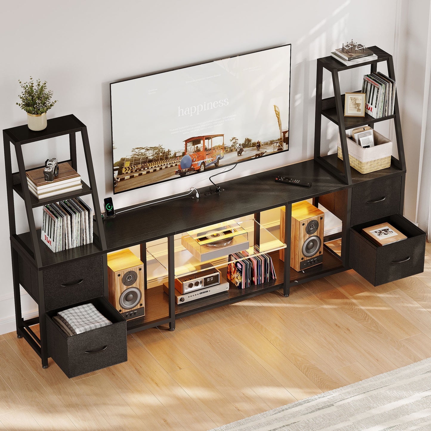 Sofanext TV Stand for up to 65 Inch TV, 87" Entertainment Center with Power Outlets & LED Lights, Modern Media Console with Glass Shelf & 4 Fabric Drawers for Living Room Bedroom, Black