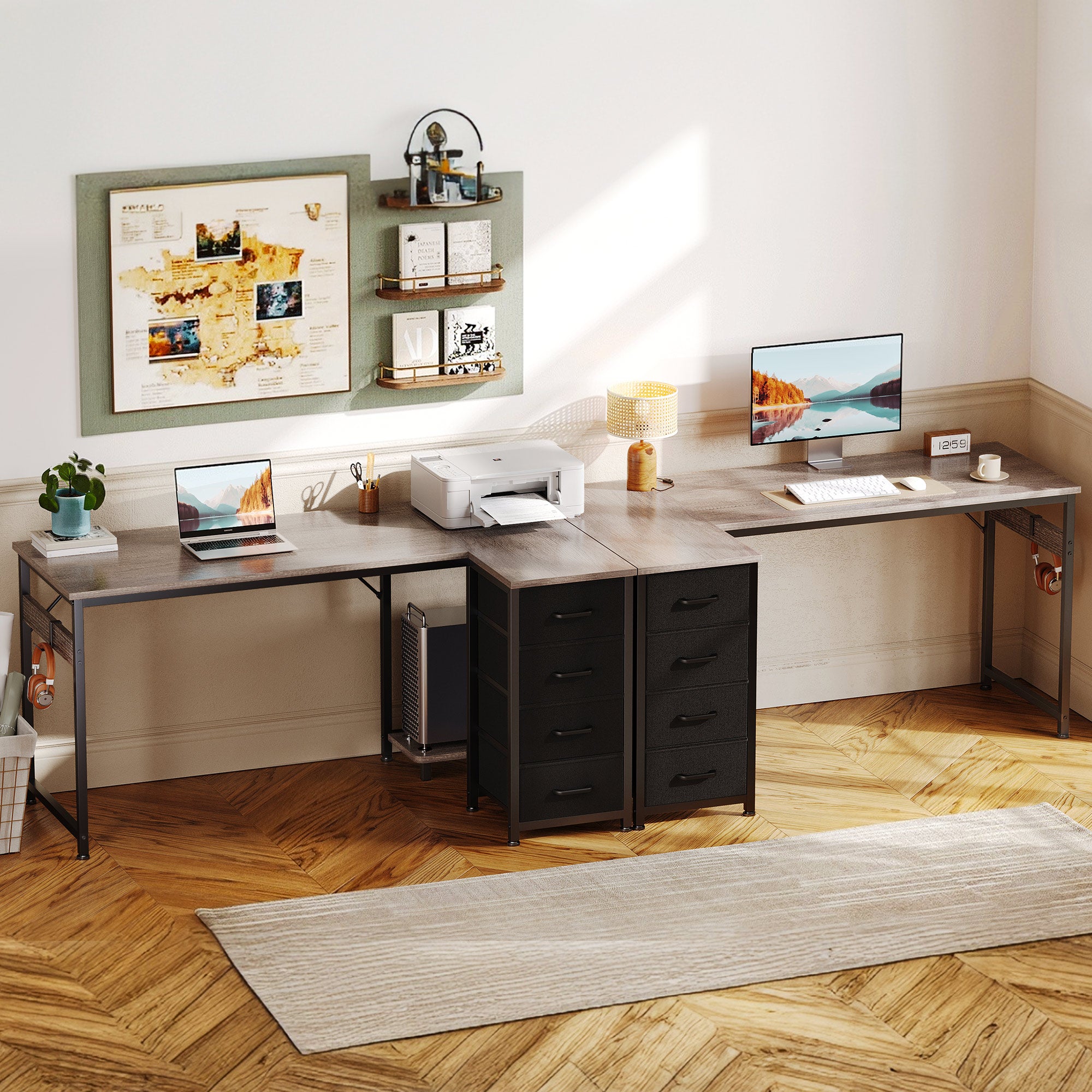 48 inch Computer Desk with 4 Fabric Drawers — Home Office Desks with Storage, Writing Desk with Side Hook, Kids Desk Study/Work Table for Bedroom and Small Space, Oak Grey