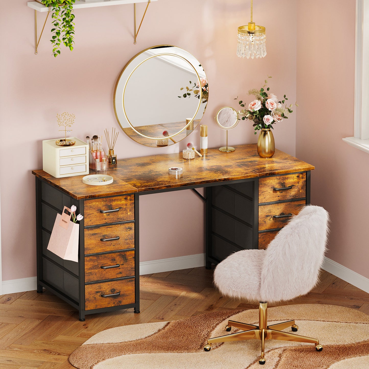 Vintage Computer Desk with Drawers for Storage - 48 inch Home Office Desk with 8 Fabric Drawers, Writing Study Desk with Drawers on Both Sides for Bedroom