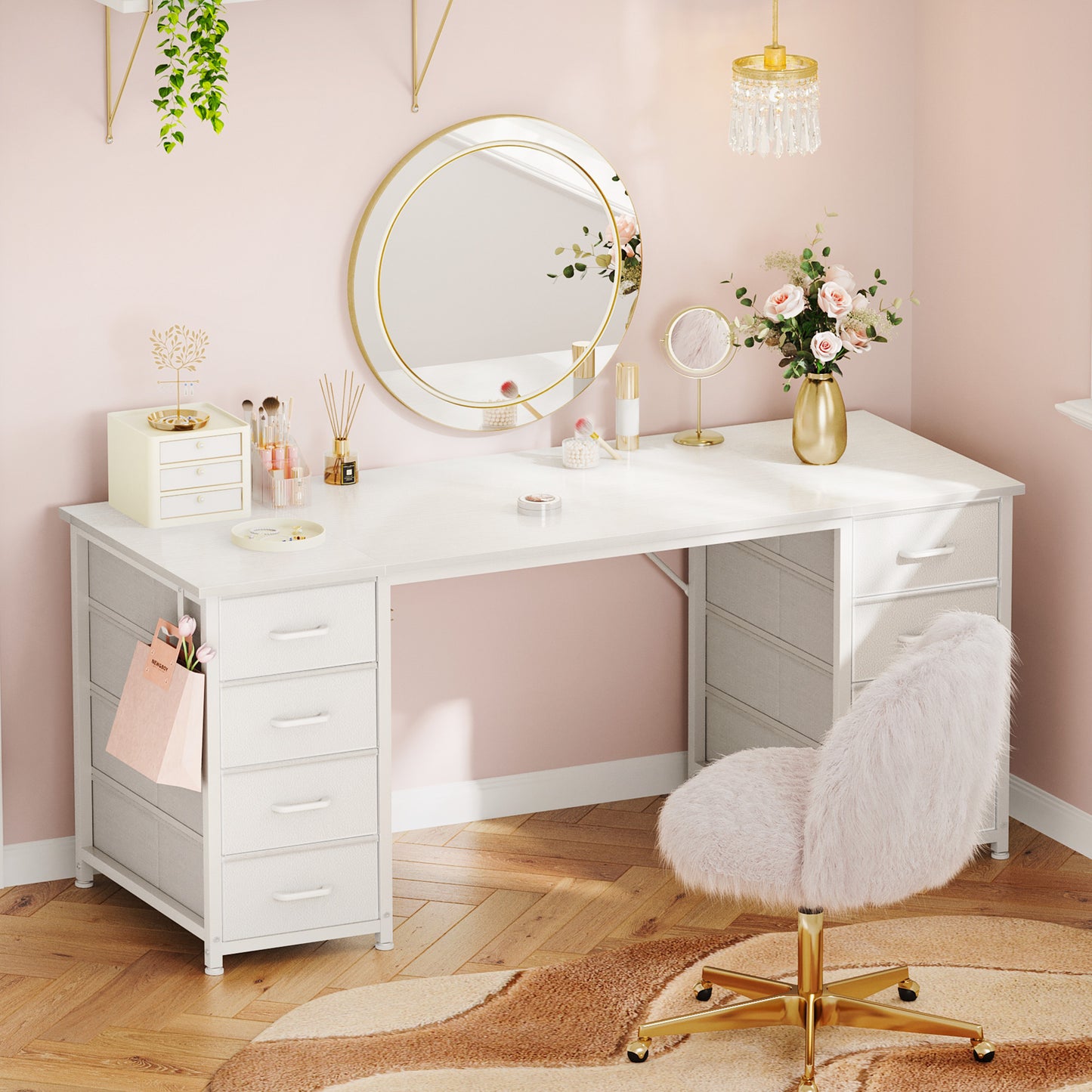 White Computer Desk with Drawers for Storage - 55 inch Home Office Desk with 8 Fabric Drawers, Writing Study Desk with Drawers on Both Sides for Bedroom