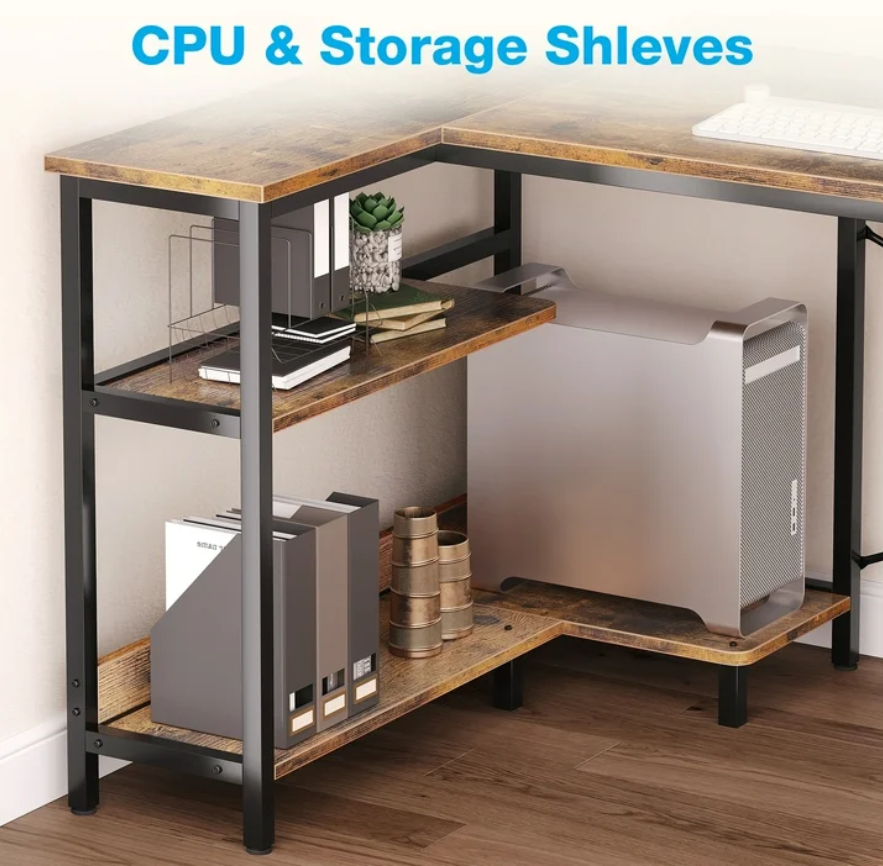 48 inch Reversible L Shaped Gaming Desk with LED Lights & Power Outlet, Corner Computer Desk with Storage Shelves & CPU Stand, Home Office Desk with Monitor Shelf, Modern Writing Table, Vintage