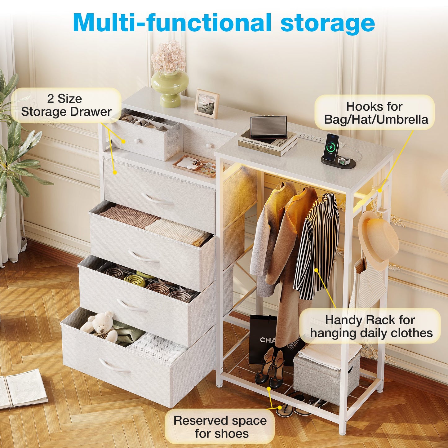 Dresser for Bedroom with Clothes Rack, 6 Drawers Dresser with Charging Station & LED Lights, White Storage Chest of Shelf for Bedroom, White