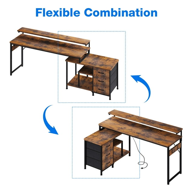 55 inch L Shaped Computer Desk with Drawers & Power Outlets, L-Shaped Gaming Desk with Removable File Cabinet, Reversible Corner Desk with Monitor Stand for Home Office Workstation, Rustic Brown