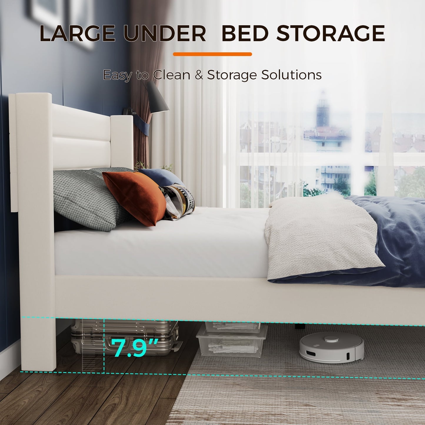 Sofanext Queen Bed Frame with Headboard, Upholstered Platform Bed Frame Queen, Wood Slat Support, No Box Spring Needed, Noise-Free, Cream White