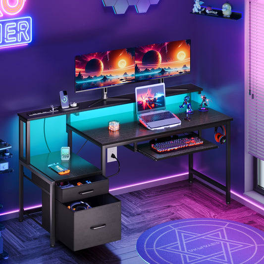 Sofanext 55-Inch Computer Desk with Power Outlets & LED Light, Reversible Gaming Desk with Fabric Drawer and Keyboard Tray, Table with Monitor Stand, Black